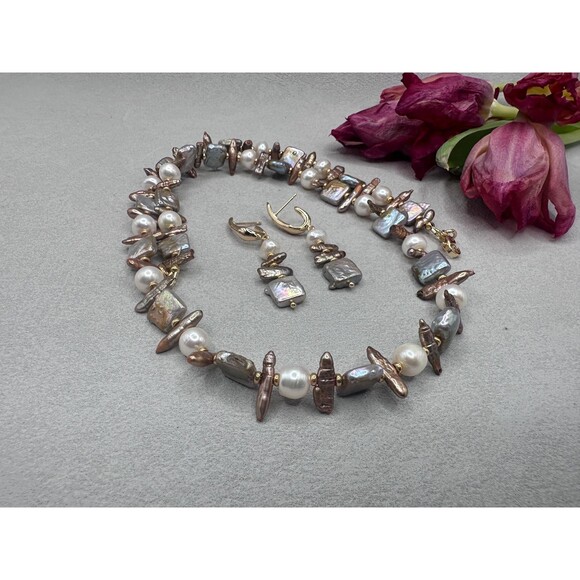 22 Mixed Baroque Pearl Necklace Bracelet Earrings Set Gold Plated - Picture 8 of 16